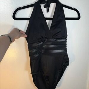 Miraclesuit One Piece Swimsuit Women Sz 12 Black Mesh Inset Halter Neck Slimming